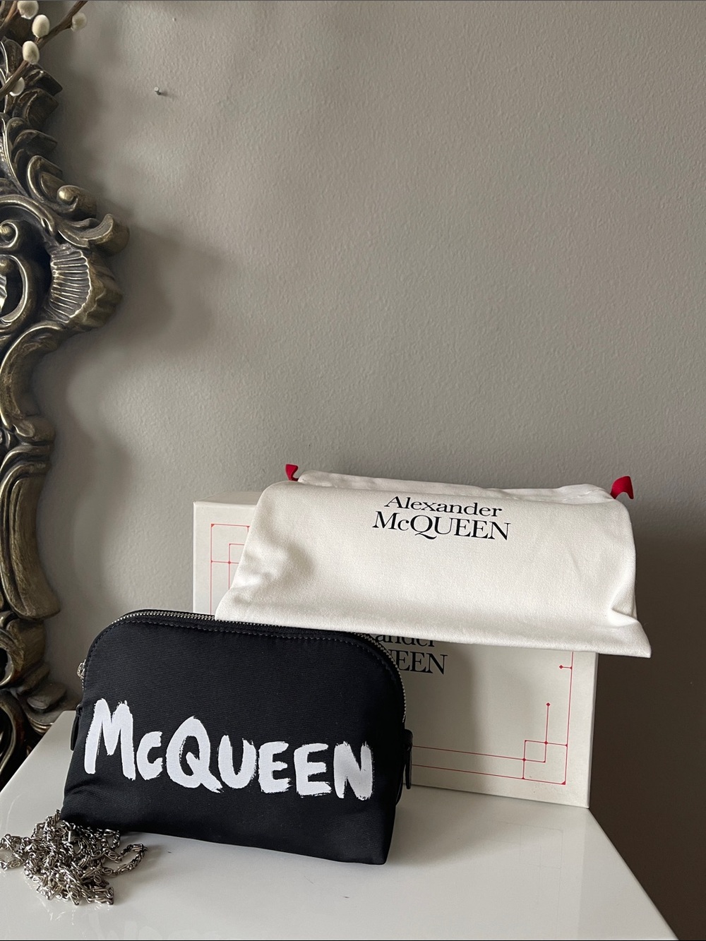 Alexander McQueen Black & White Logo Nylon Pouch Cosmetic Bag Wristlet - Picture 2 of 8